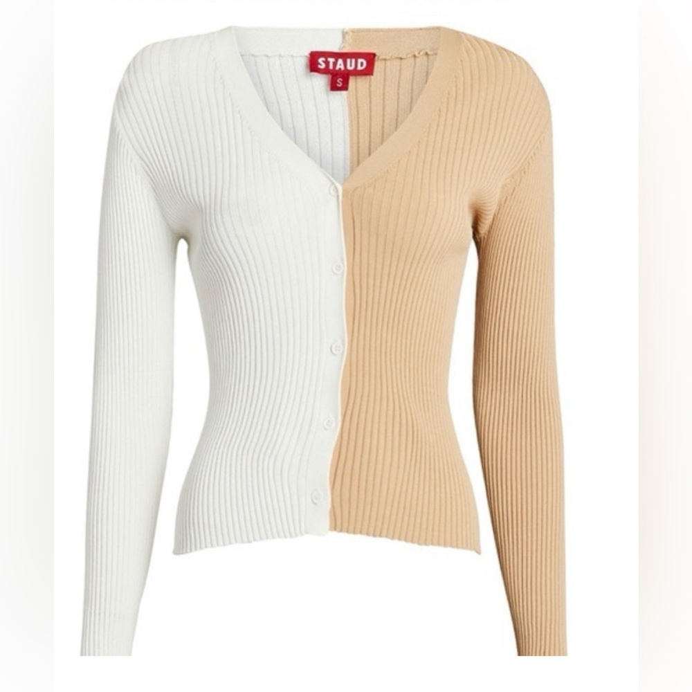 Staud Cargo Colorblock Ribbed Cardigan V Neck Stretchy Sweater Size Small